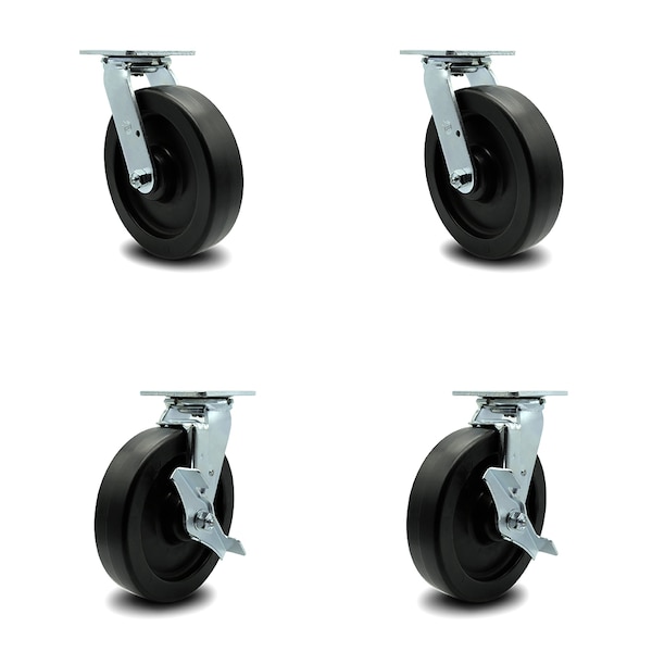 8 Inch Polyolefin Swivel Caster Set with Ball Bearings 2 Brakes